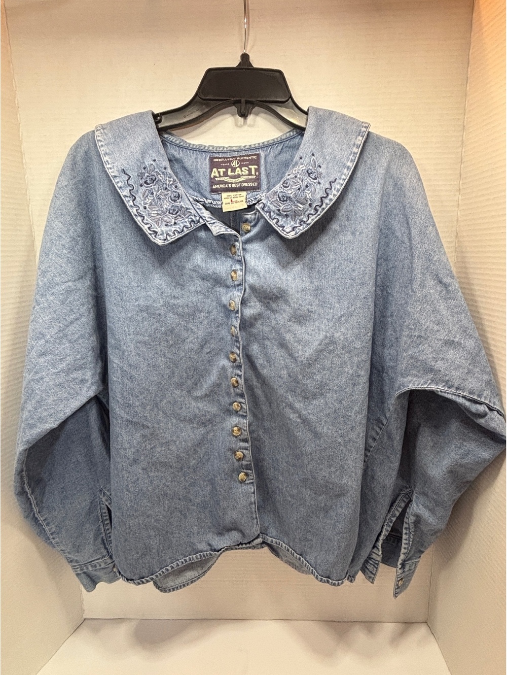 At Last light wash denim blouse with embroidered collar